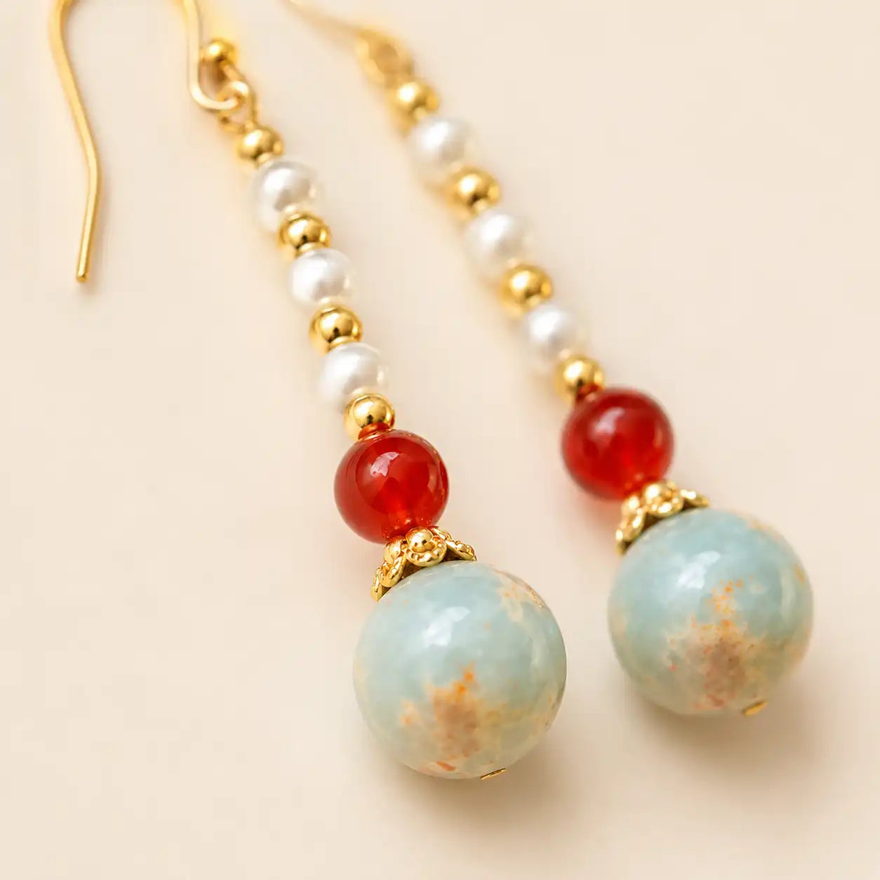 Shoushan Stone Red Agate Drop Earrings detail view with agate