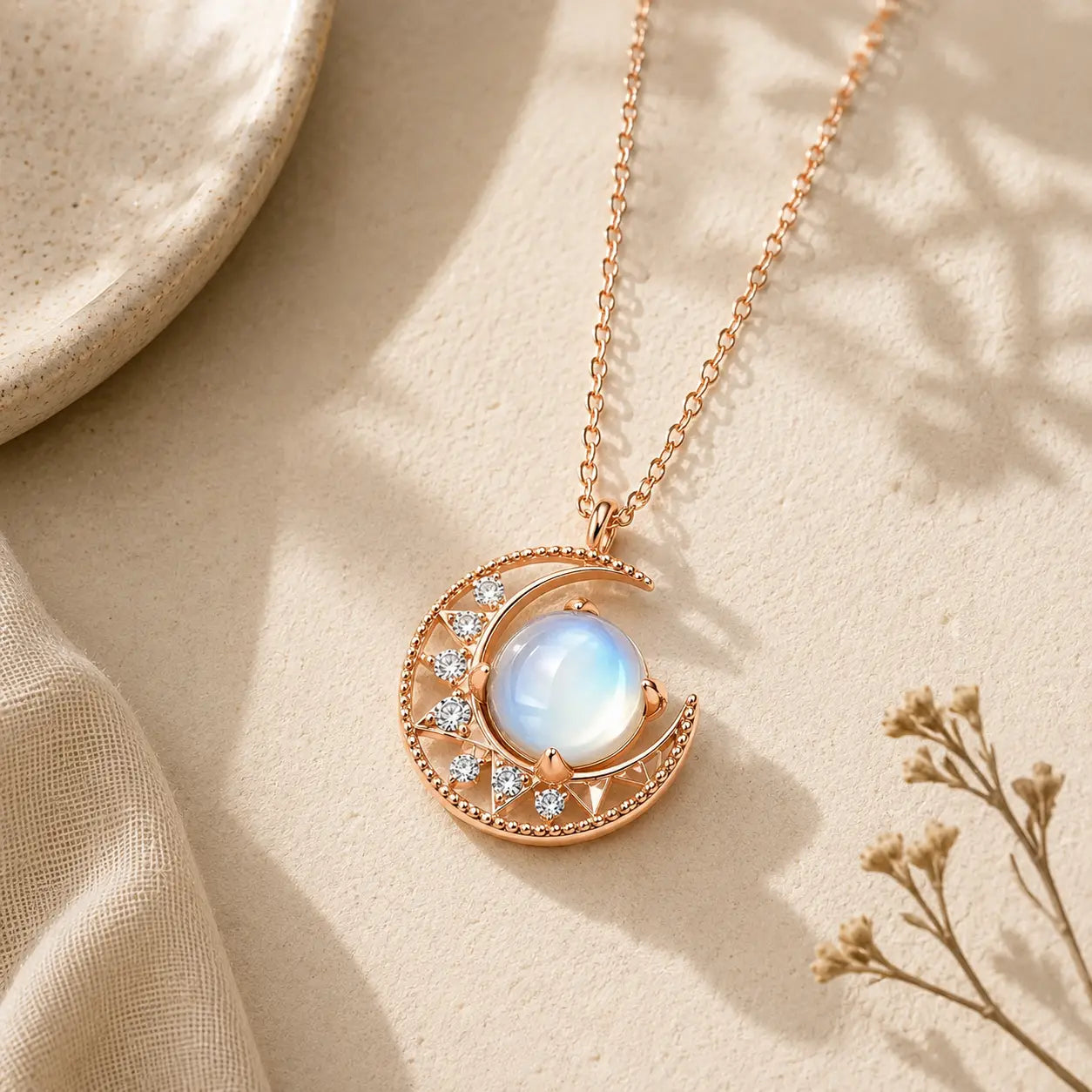 Silver Crescent Moon Pendant Necklace detail view