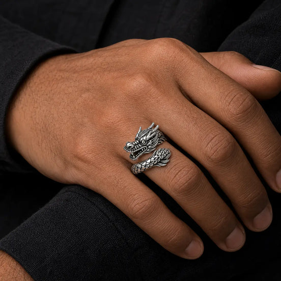 Silver dragon open ring worn on the hand