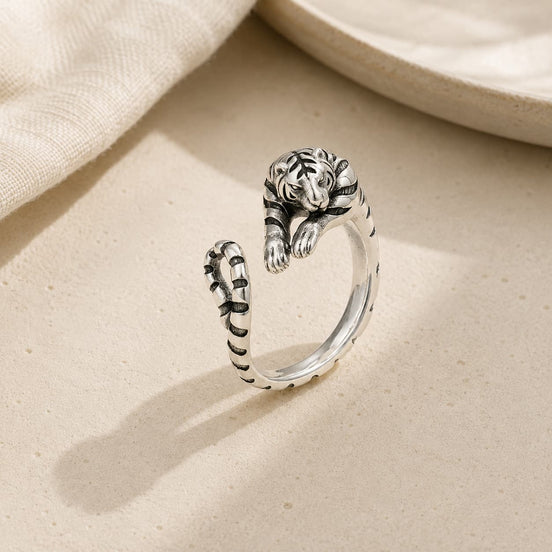 Silver zodiac tiger adjustable ring worn on the hand