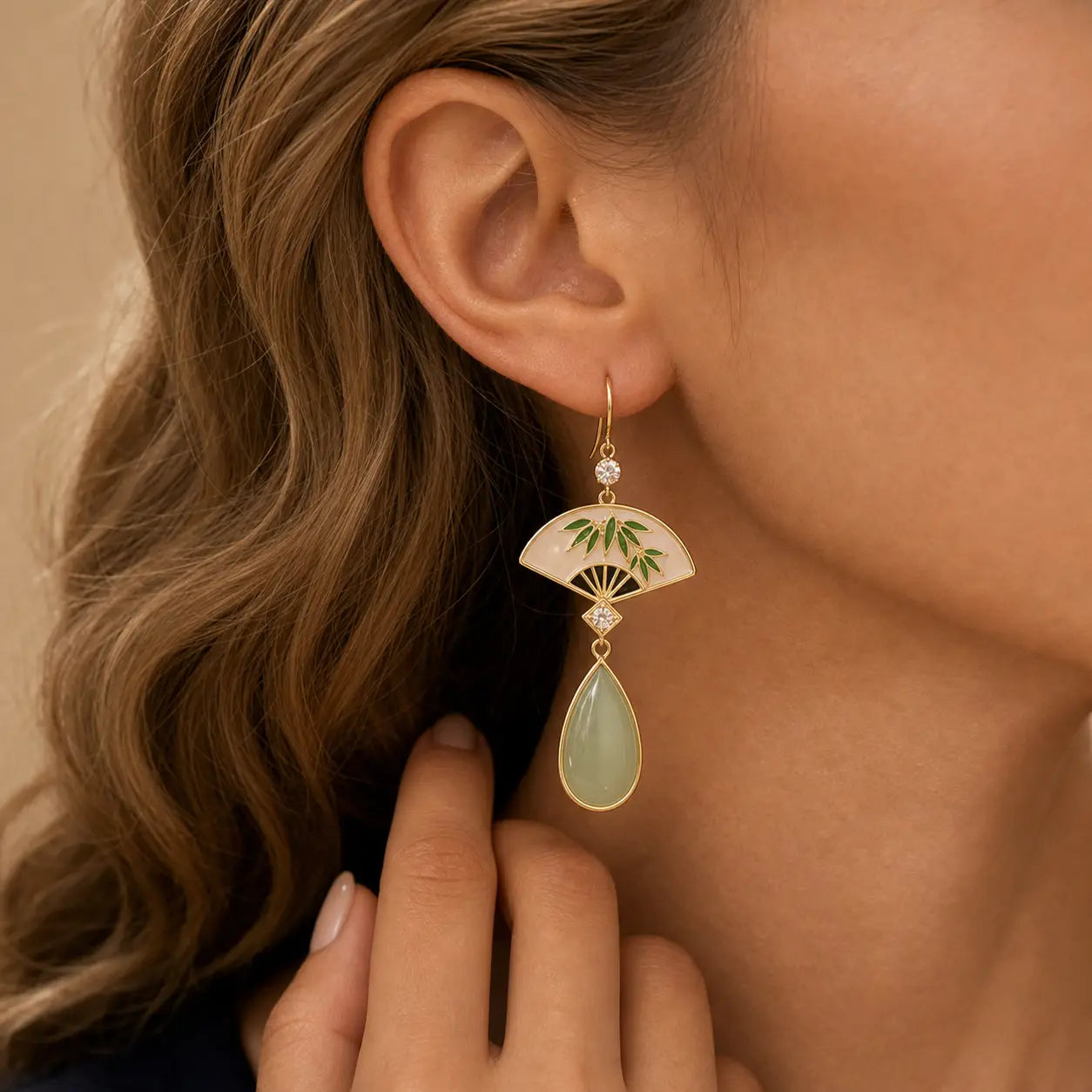 Prosperity Fan Aventurine Luck Earrings worn as green aventurine statement earrings