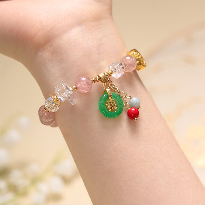 Model wearing Strawberry Quartz Fu Charm Bracelet showcasing its elegant fit and healing vibe – TheFuMaster