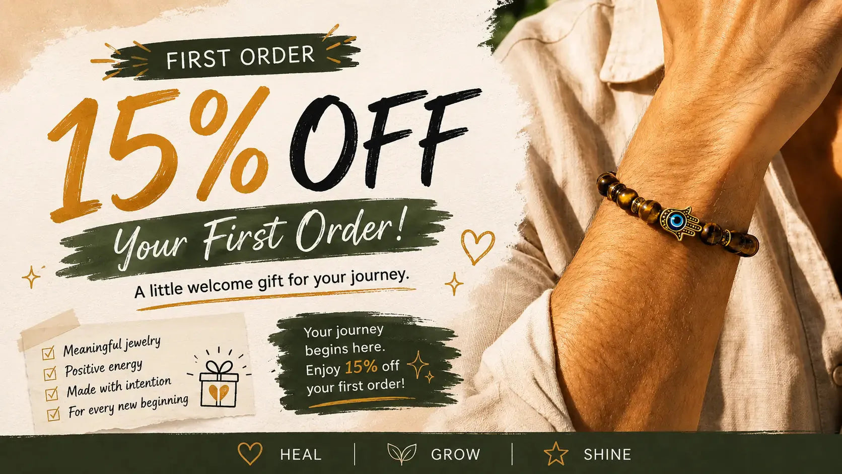 15% off first order tiger eye bracelet offer
