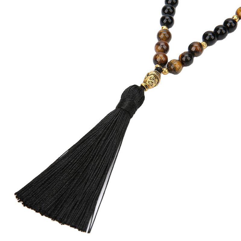 Close-up of Black Onyx Mala Necklace with Tassel and Buddha Bead – TheFuMaster