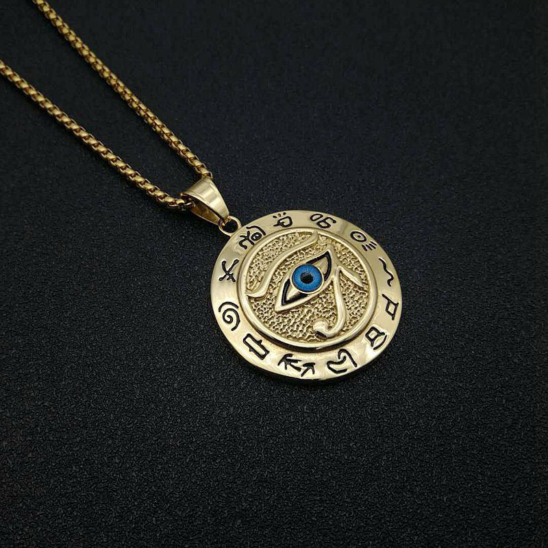 Gold Evil Eye pendant necklace with engraved symbols – TheFuMaster protection jewelry
