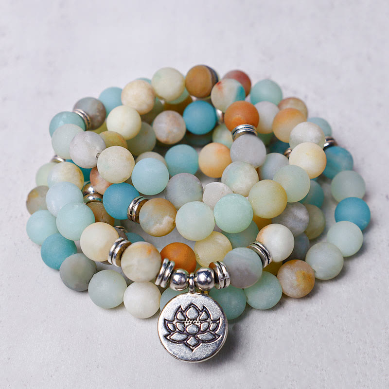 Serenity Lotus Amazonite Mala with 108 Amazonite Beads and Silver Lotus Pendant | TheFuMaster