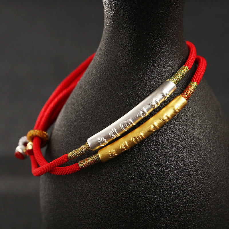 TheFuMaster Silver and Gilded Mani Mantra Bracelets with Tibetan engraving and red cord design