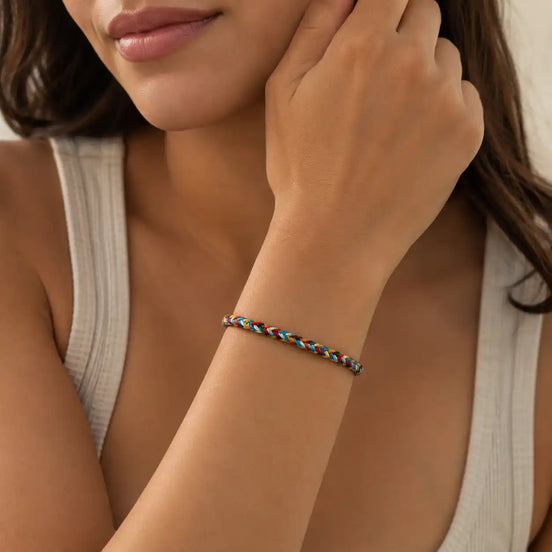 Tibetan thread bracelet worn on the wrist