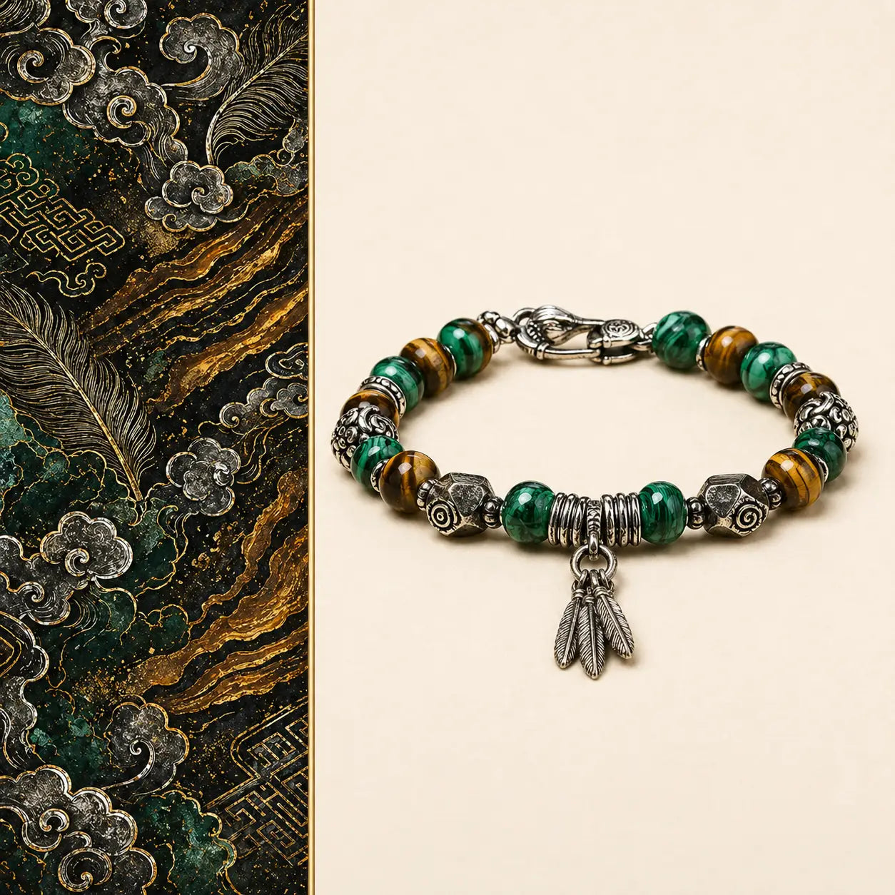 Retro Tiger Eye Sovereign Bracelet with green and brown beads and silver charms by TheFuMaster
