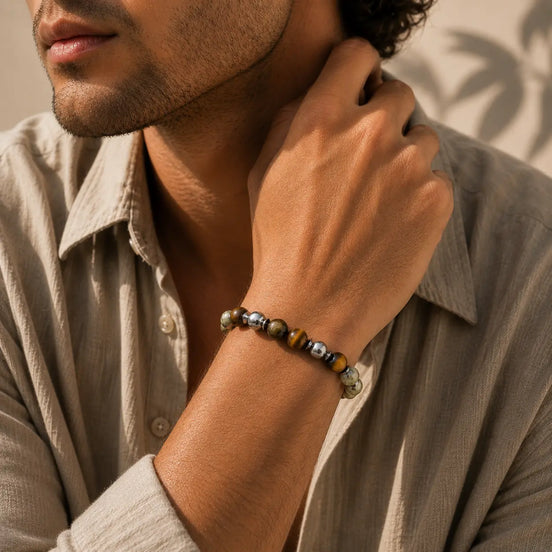 Tiger eye steel bracelet worn on the wrist