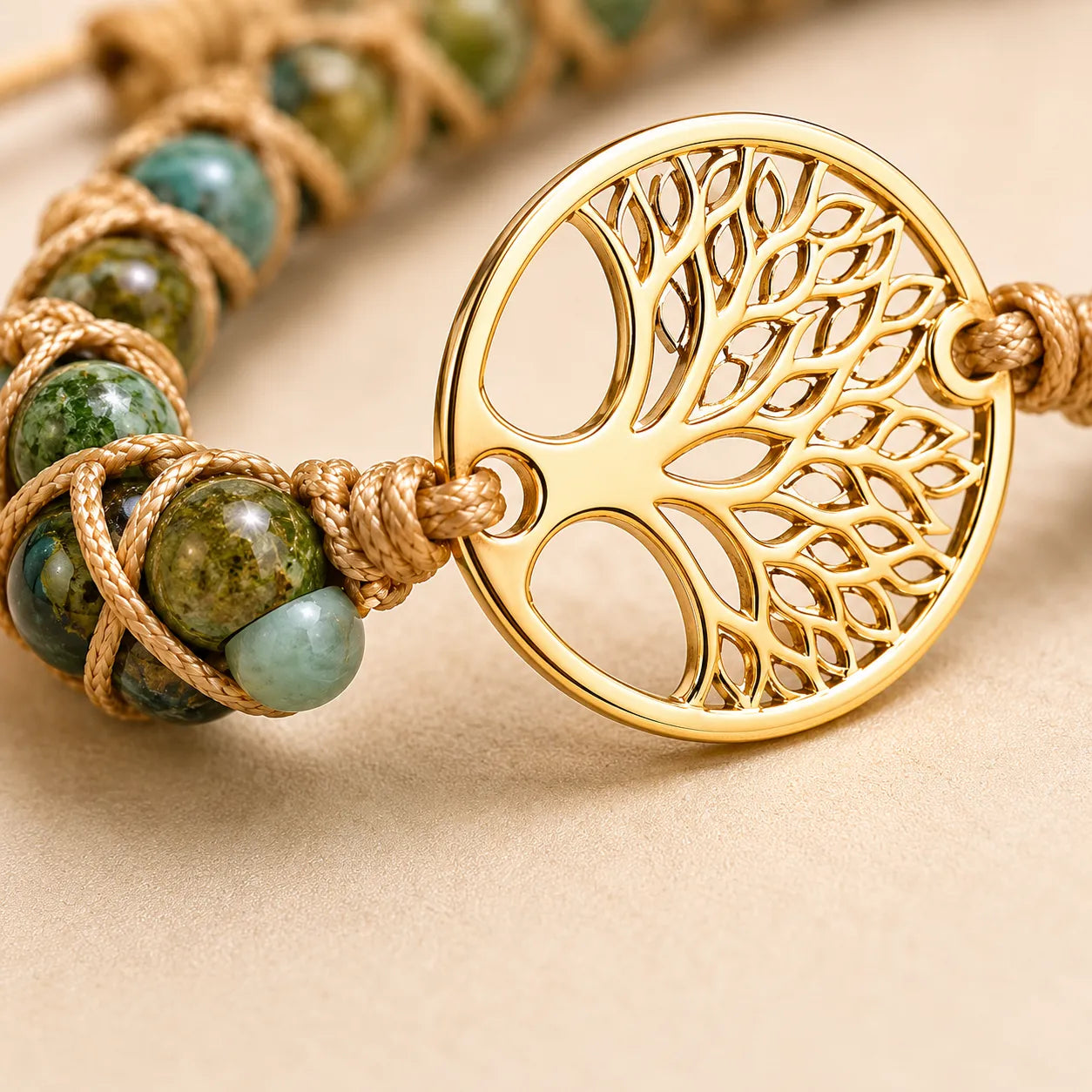 Tree of Life Jasper Woven Bracelet shown from another angle with jasper and tree of life