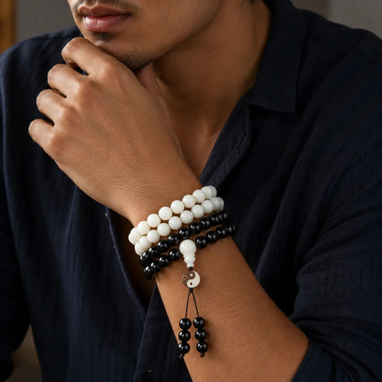 White jade ebony yin yang mala display
