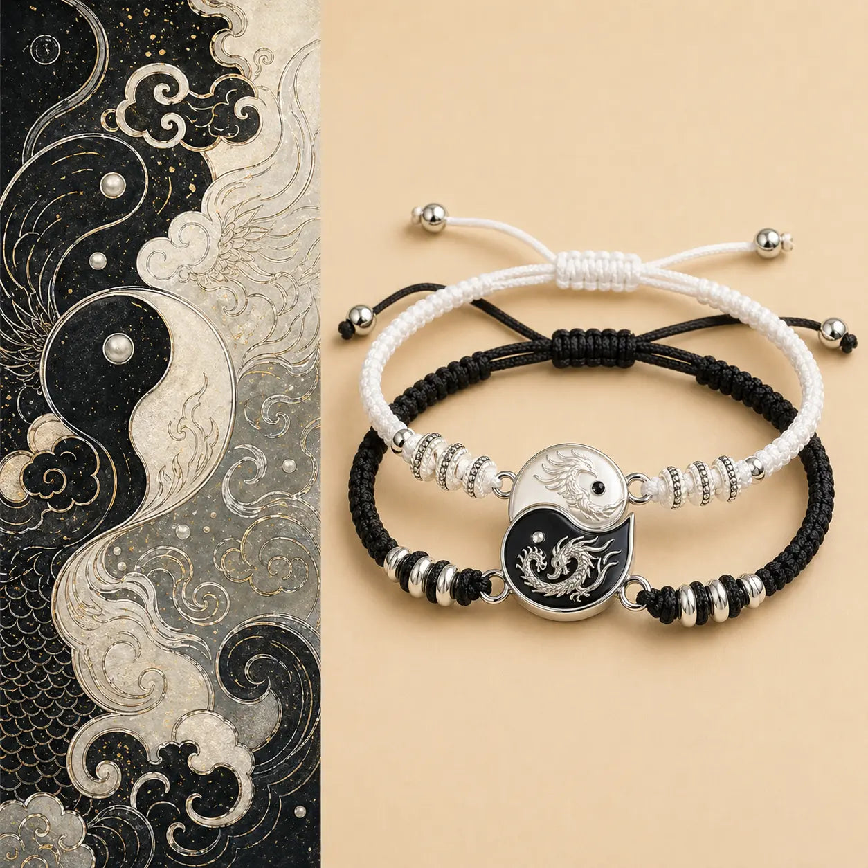 Two Sides Yin Yang Couple Bracelet Set with black and white matching bracelets by TheFuMaster