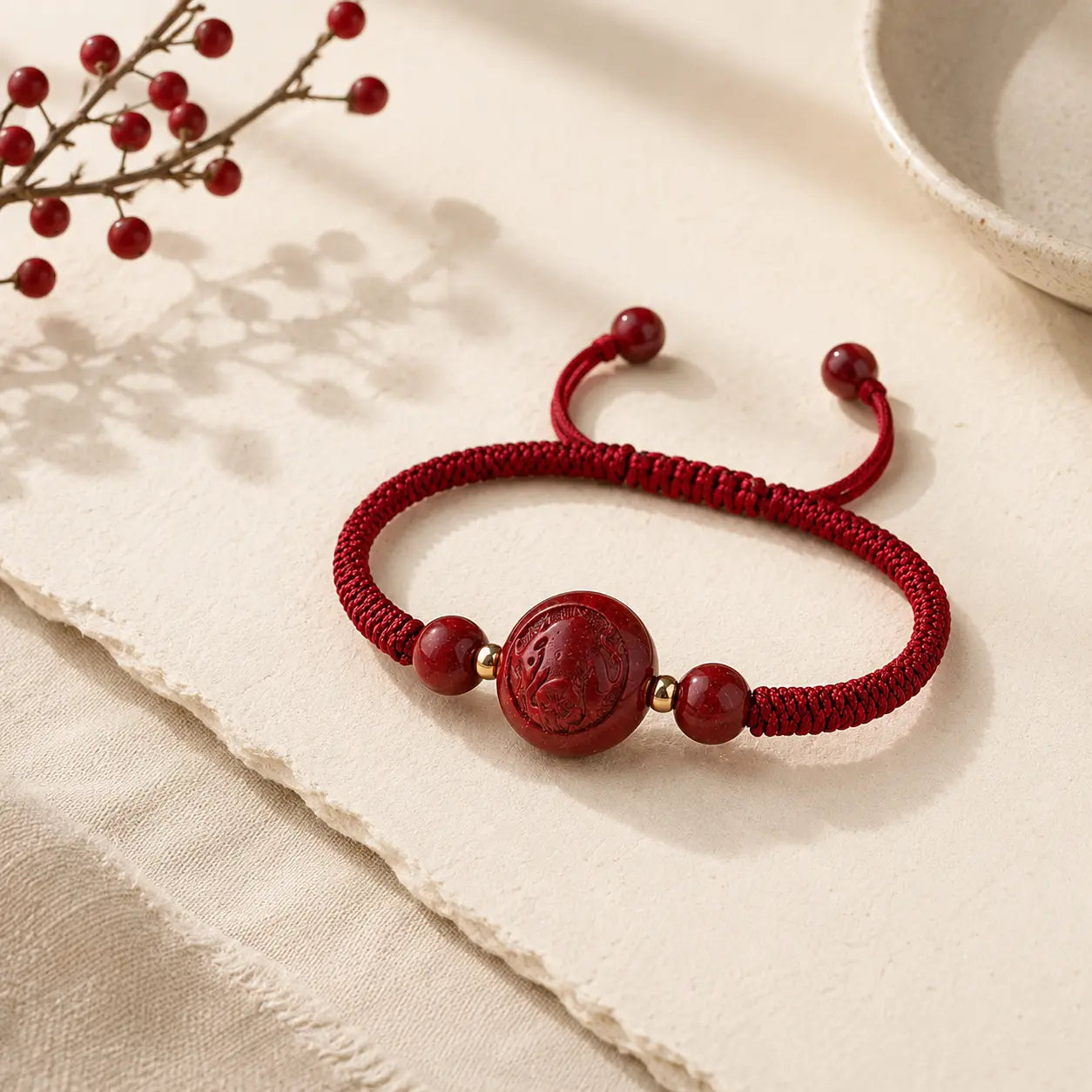 Vermilion Ox Red String Bracelet detail view with red string