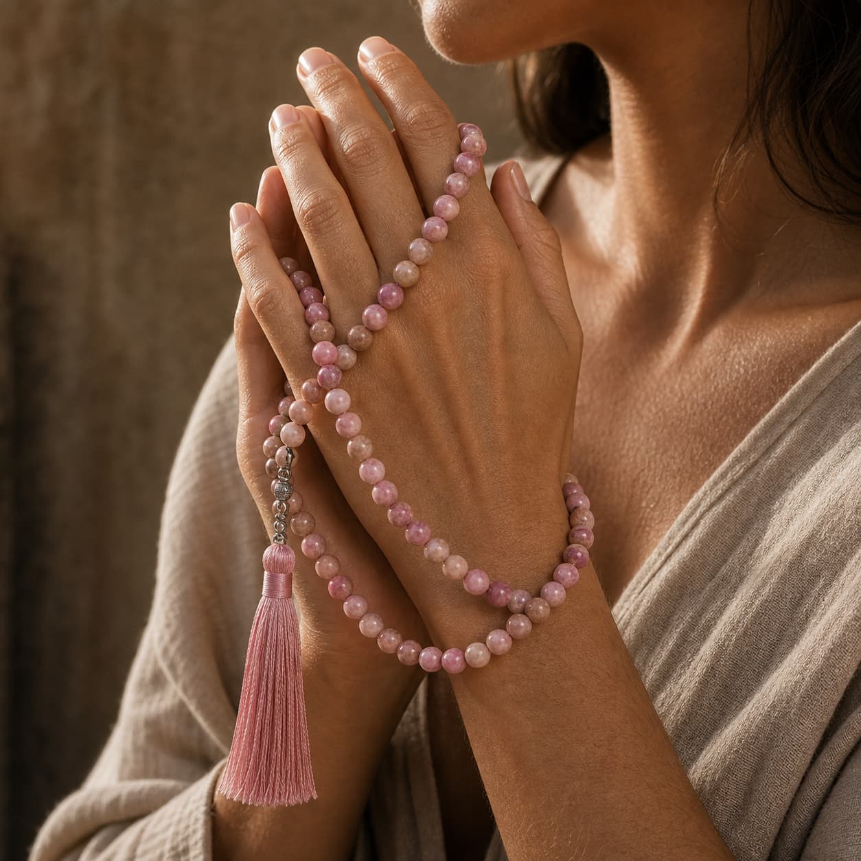 Warm Rose Rhodochrosite Mala Necklace styled with soft pink beads