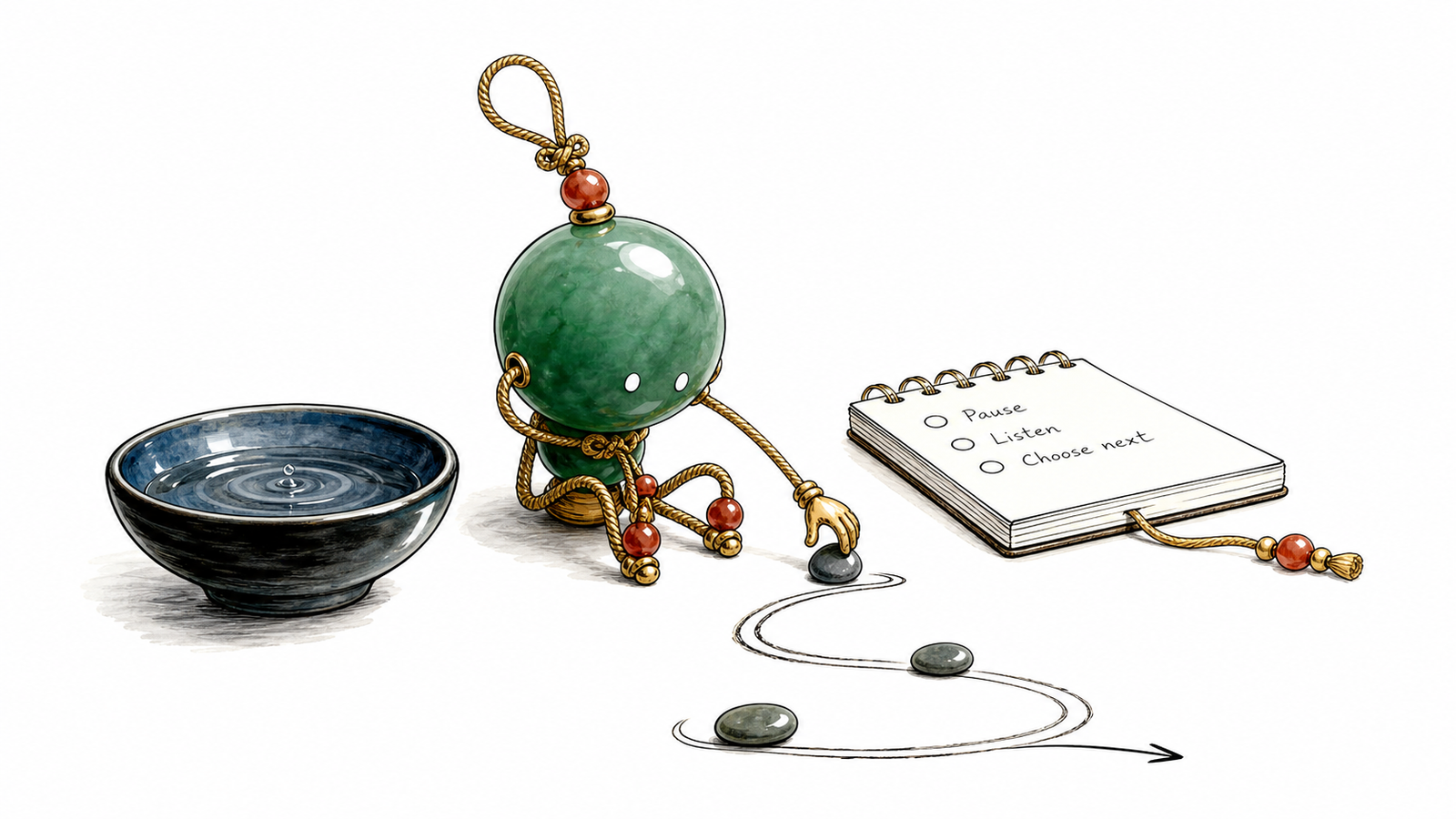 TheFuMaster bead person arranging quiet markers for Water element wisdom and calm choice