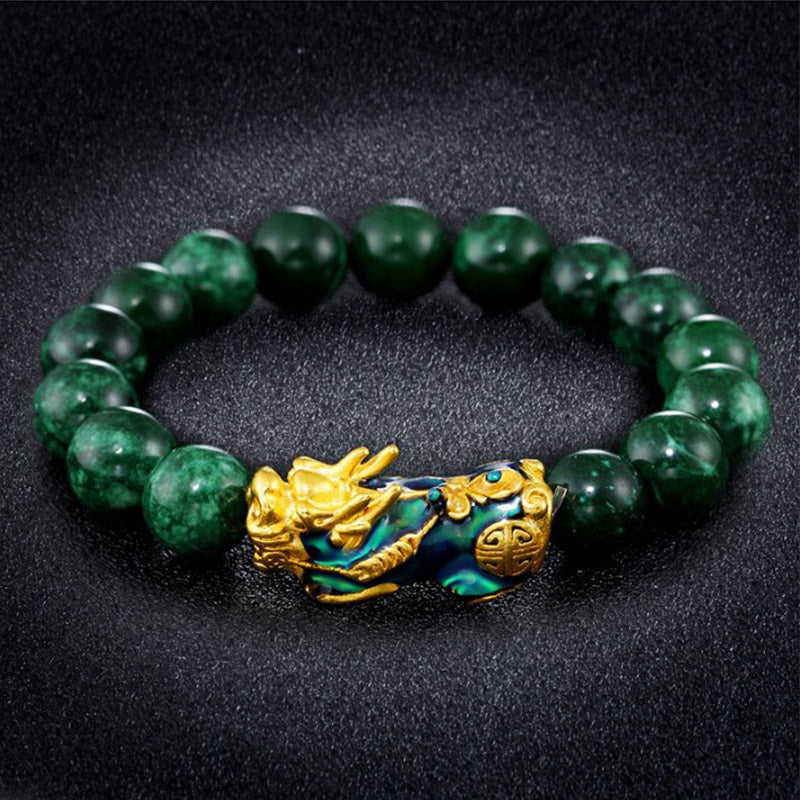 Wealth Guardian PiXiu Jade Bracelet – Green jade beads with golden PiXiu charm, energy jewelry by TheFuMaster
