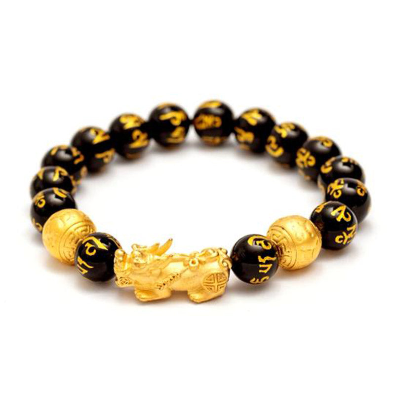 TheFuMaster Wealth Guardian PiXiu Obsidian Bracelet with Golden Beads – Main Image
