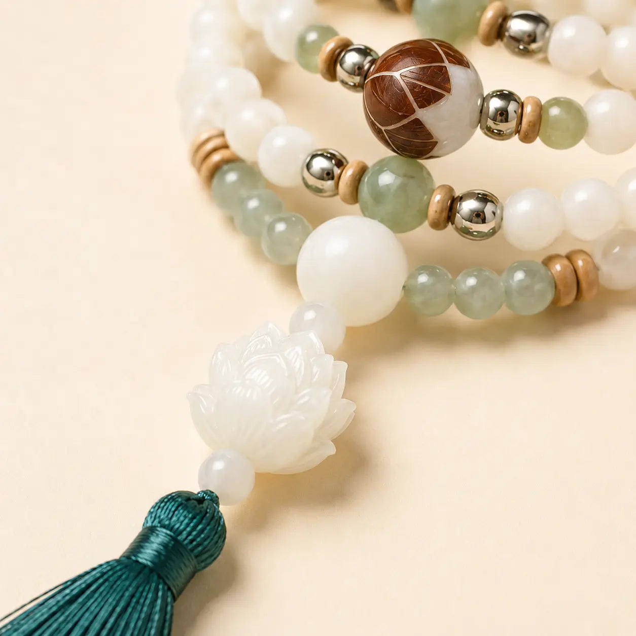 White Bodhi 108 Mala shown from another angle with bodhi
