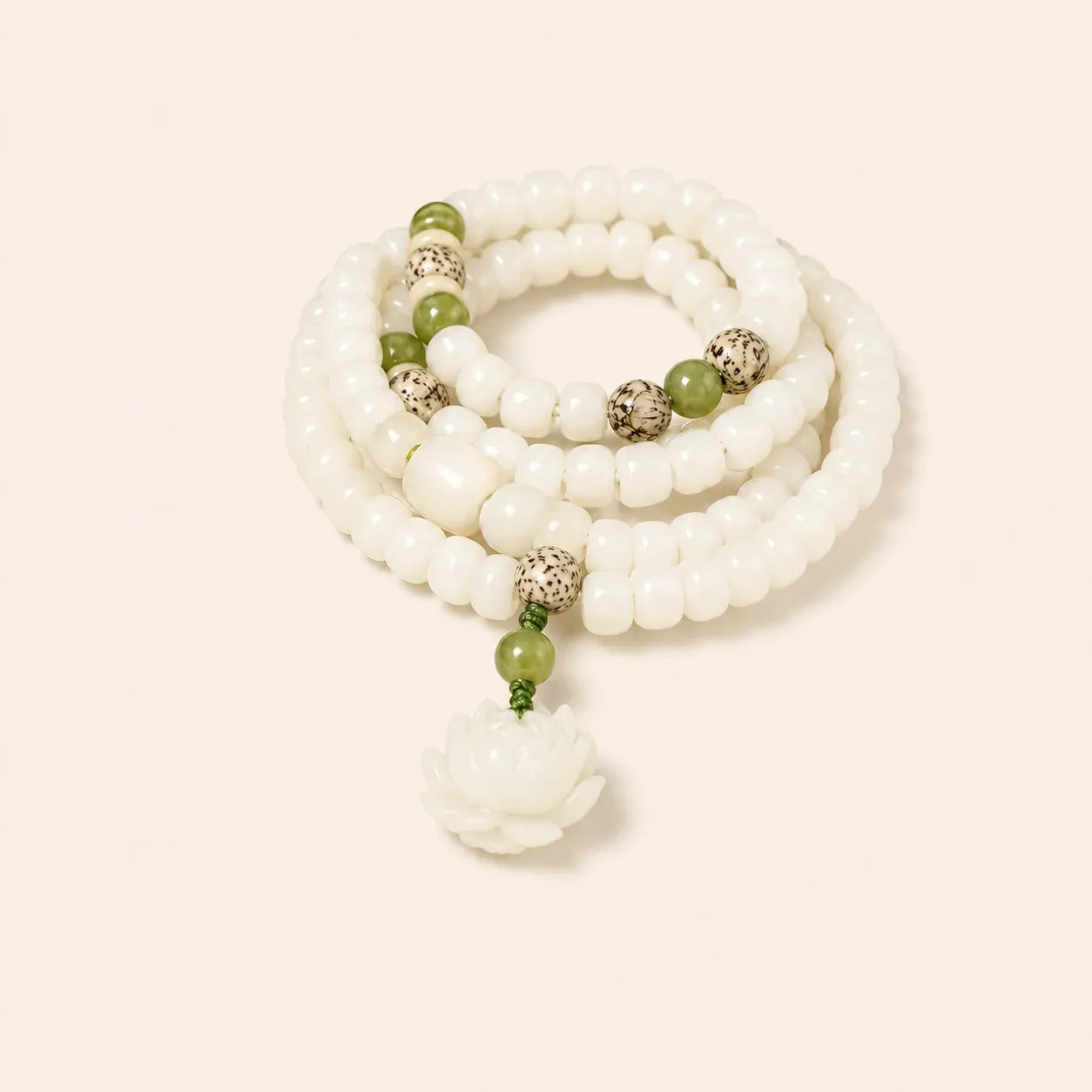 White Bodhi Lotus Mala with bodhi and lotus