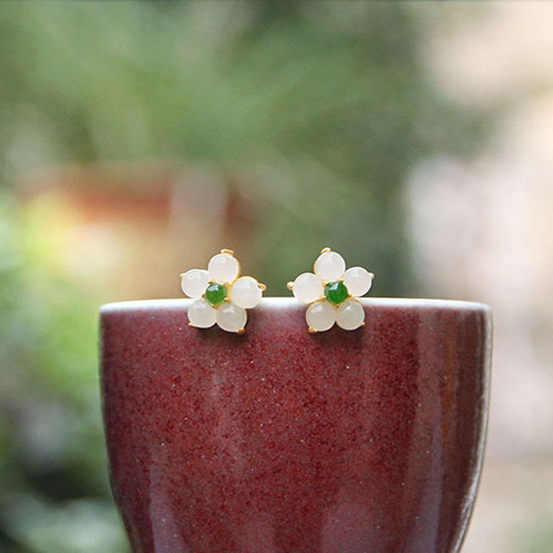 White Jade Stud Earrings lifestyle shot with floral balance and calm energy | TheFuMaster
