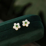 White Jade Flower Stud Earrings with green jade center | Blessing & Harmony Jewelry by TheFuMaster