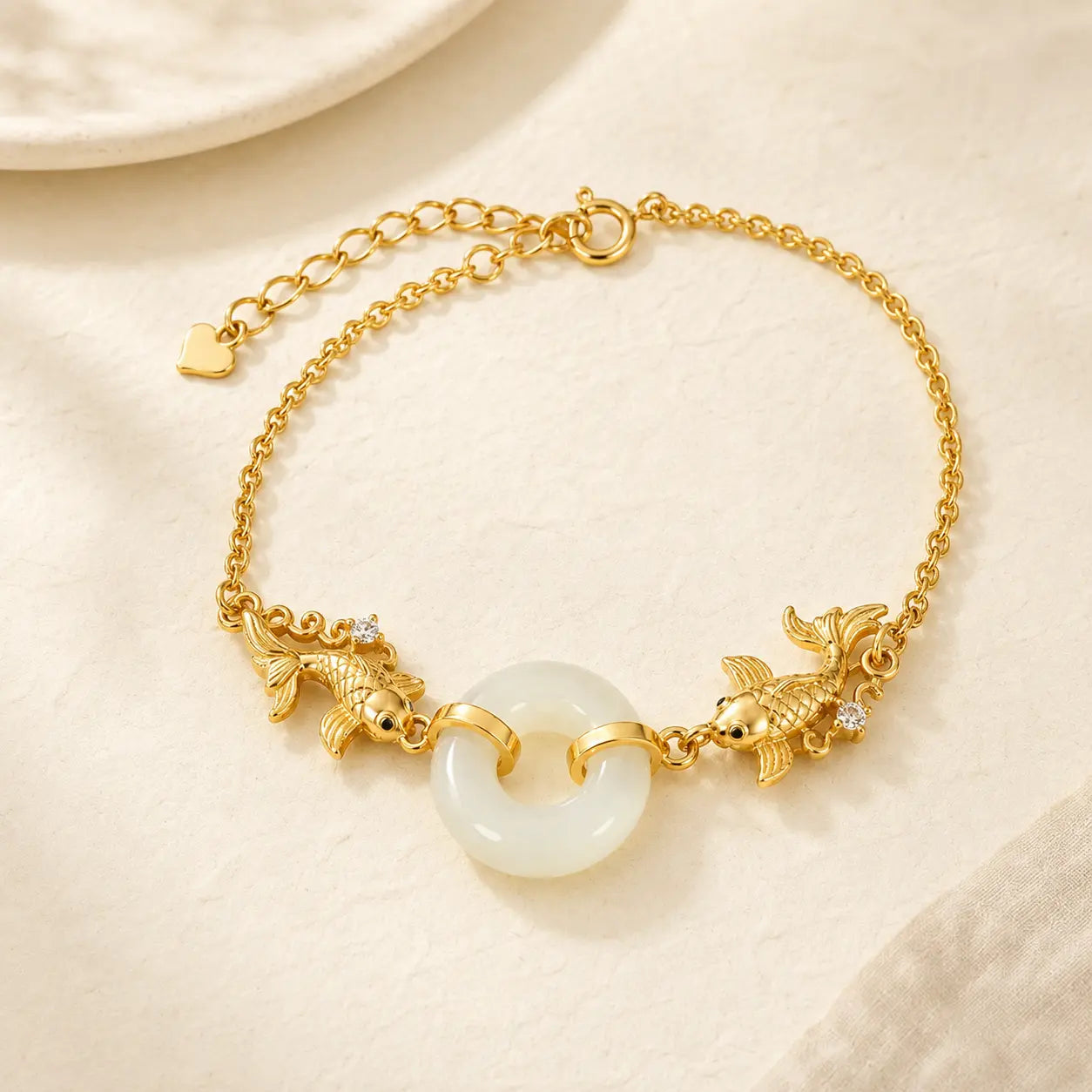 White Jade Koi Bracelet shown from another angle with white jade and koi