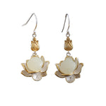 Studio shot of TheFuMaster White Jade Lotus Earrings blending gold and silver tones for balanced energy