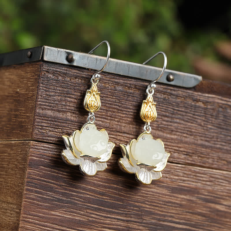 TheFuMaster White Jade Lotus Protection Drop Earrings handcrafted in sterling silver symbolizing peace and harmony