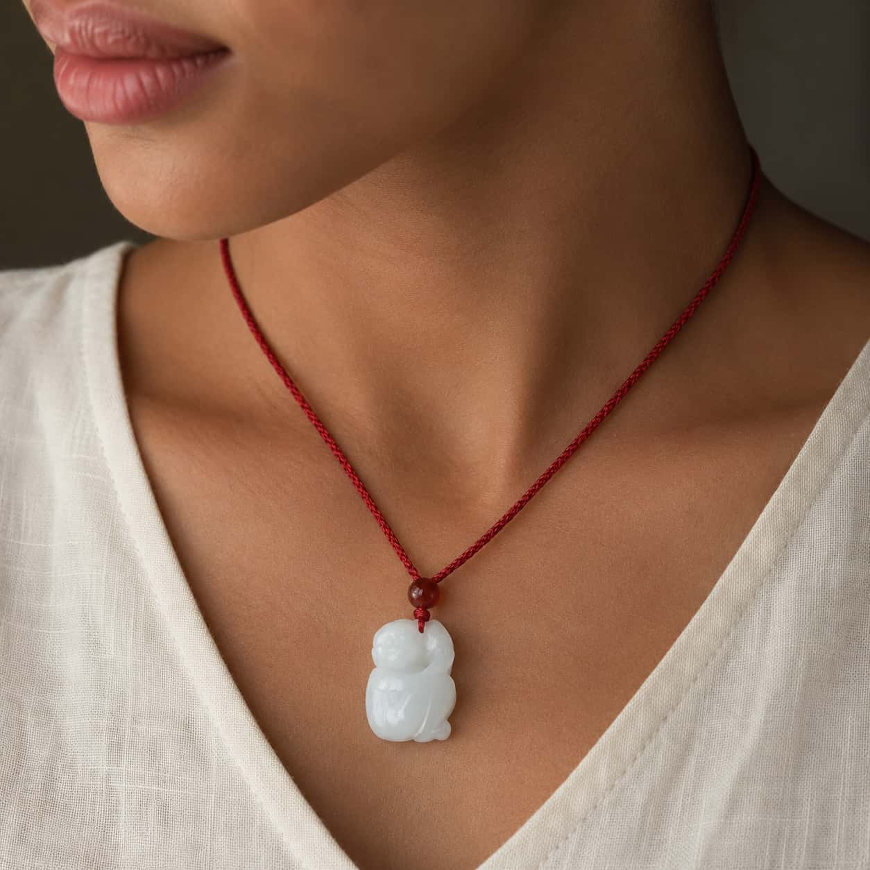Close-up of White Jade Monkey Zodiac Pendant with white jade