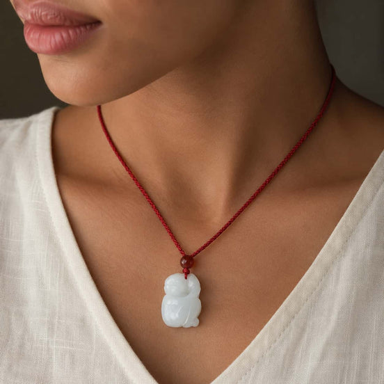 Close-up of white jade monkey zodiac pendant