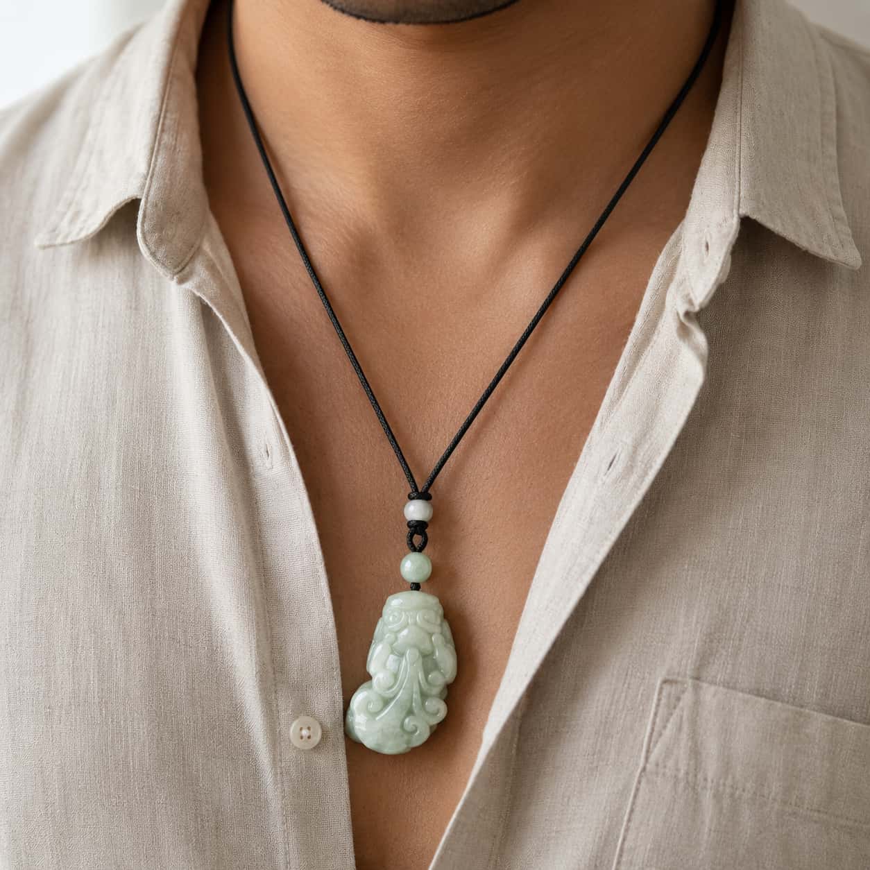 Necklace with a green pendant worn by a person wearing a beige shirt.