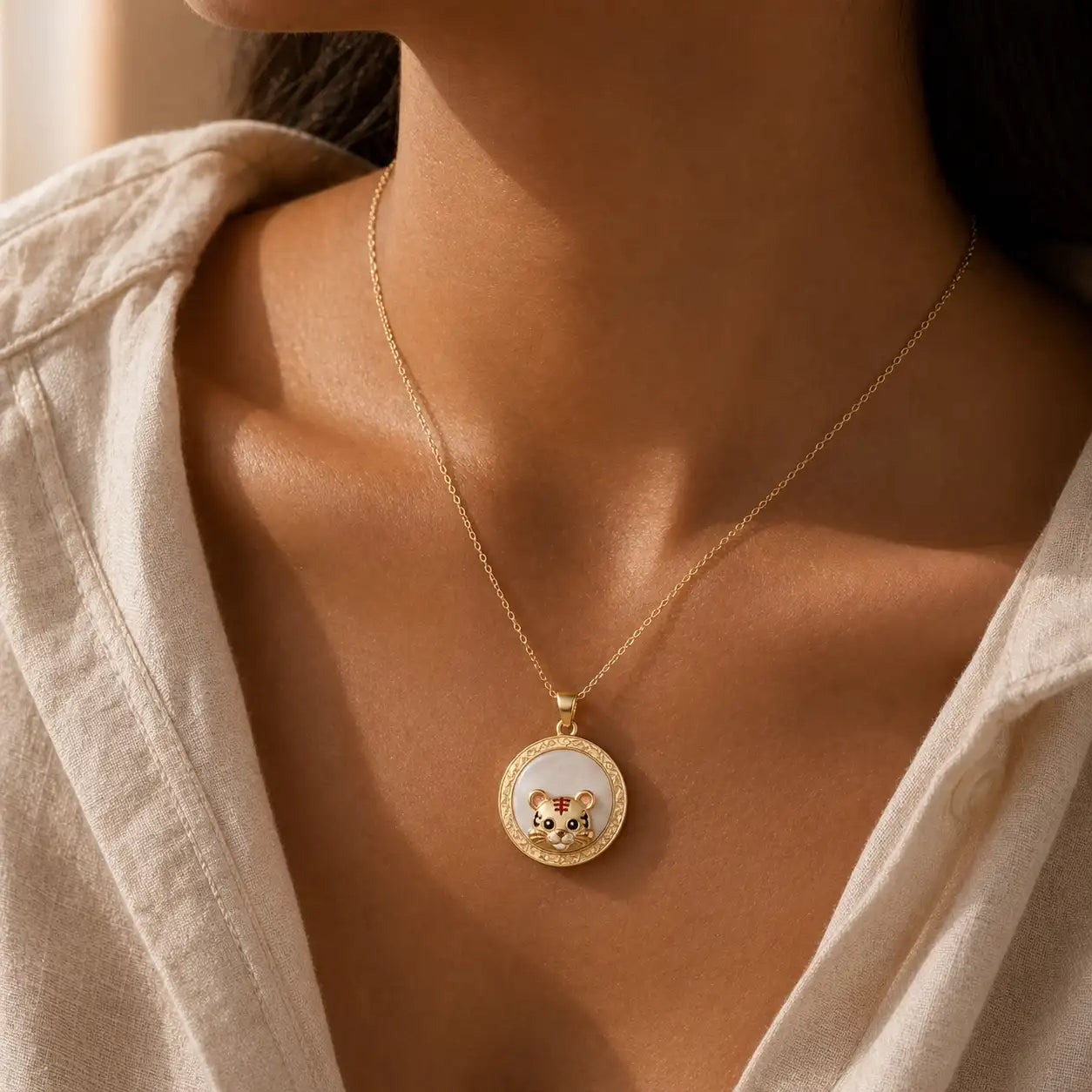 Sacred White Jade Year of the Tiger Blessing Necklace worn with a beige shirt
