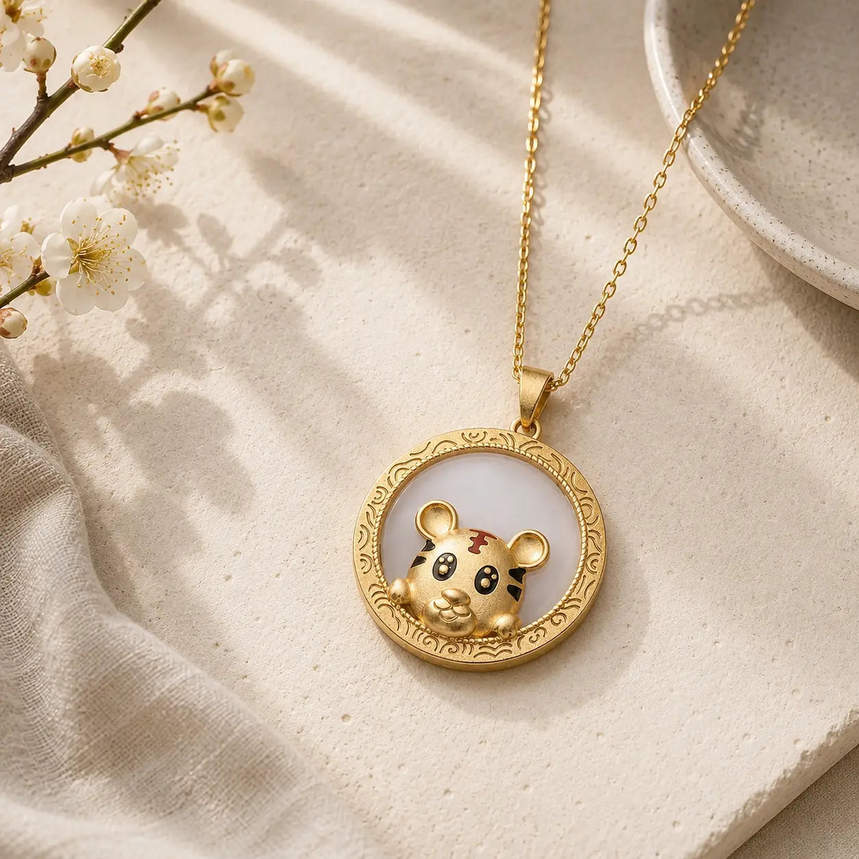 White Jade Tiger Necklace detail view with white jade