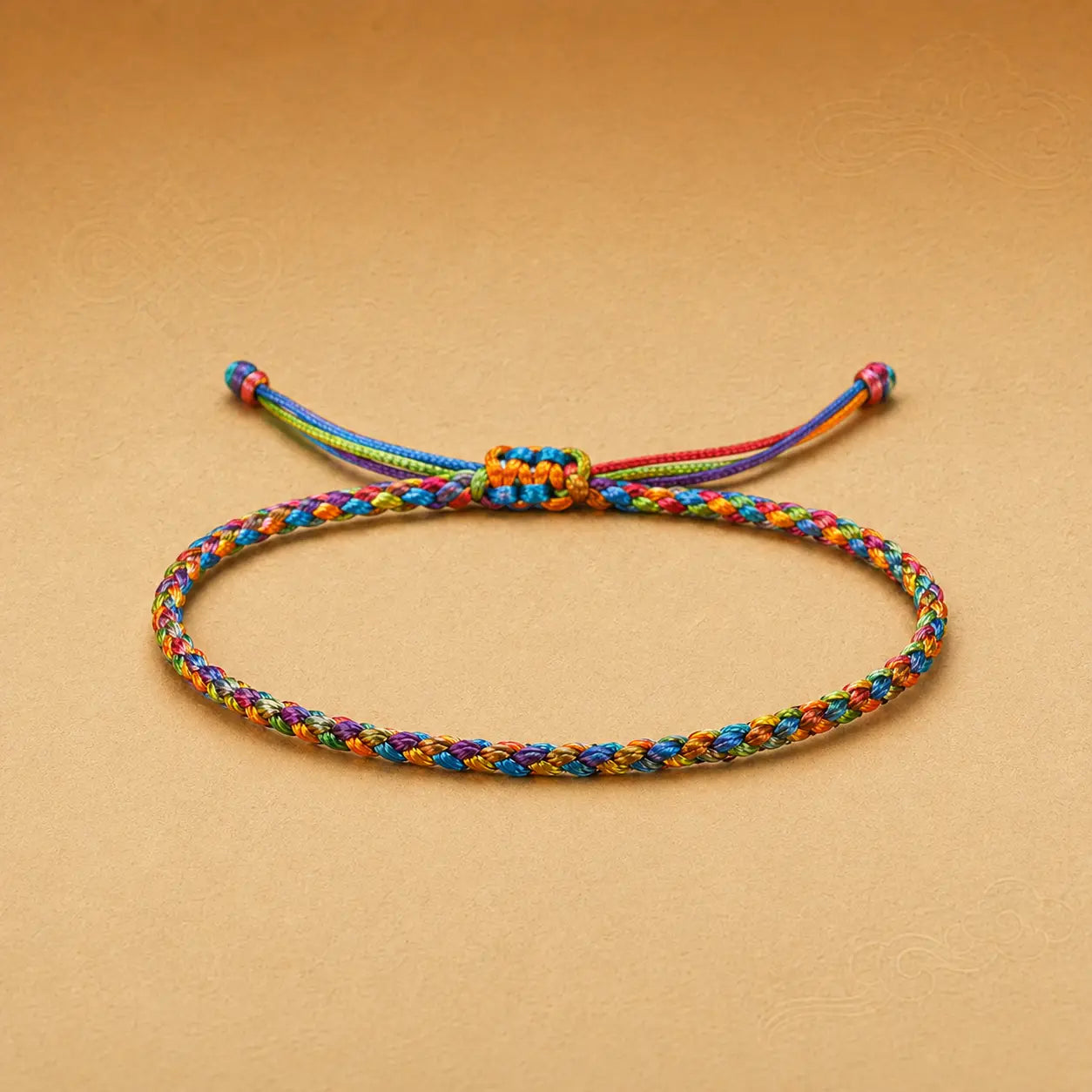 Colorful braided bracelet on a beige background