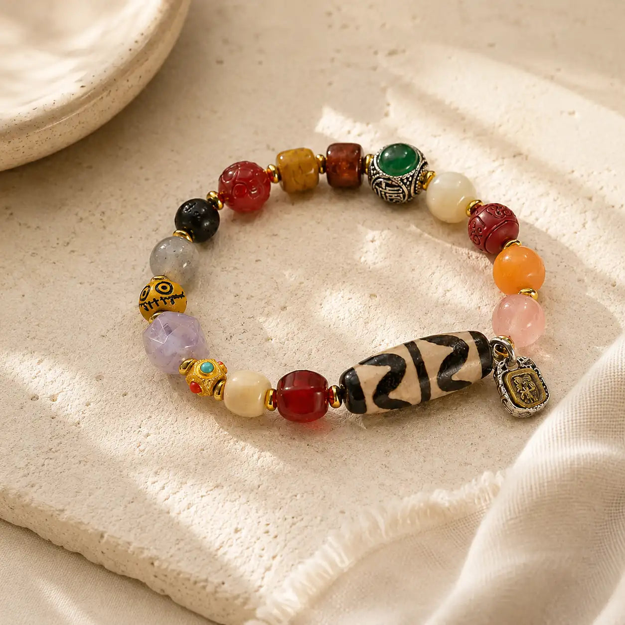 Yuntian Multi-Treasure Bracelet shown from another angle with agate and bodhi